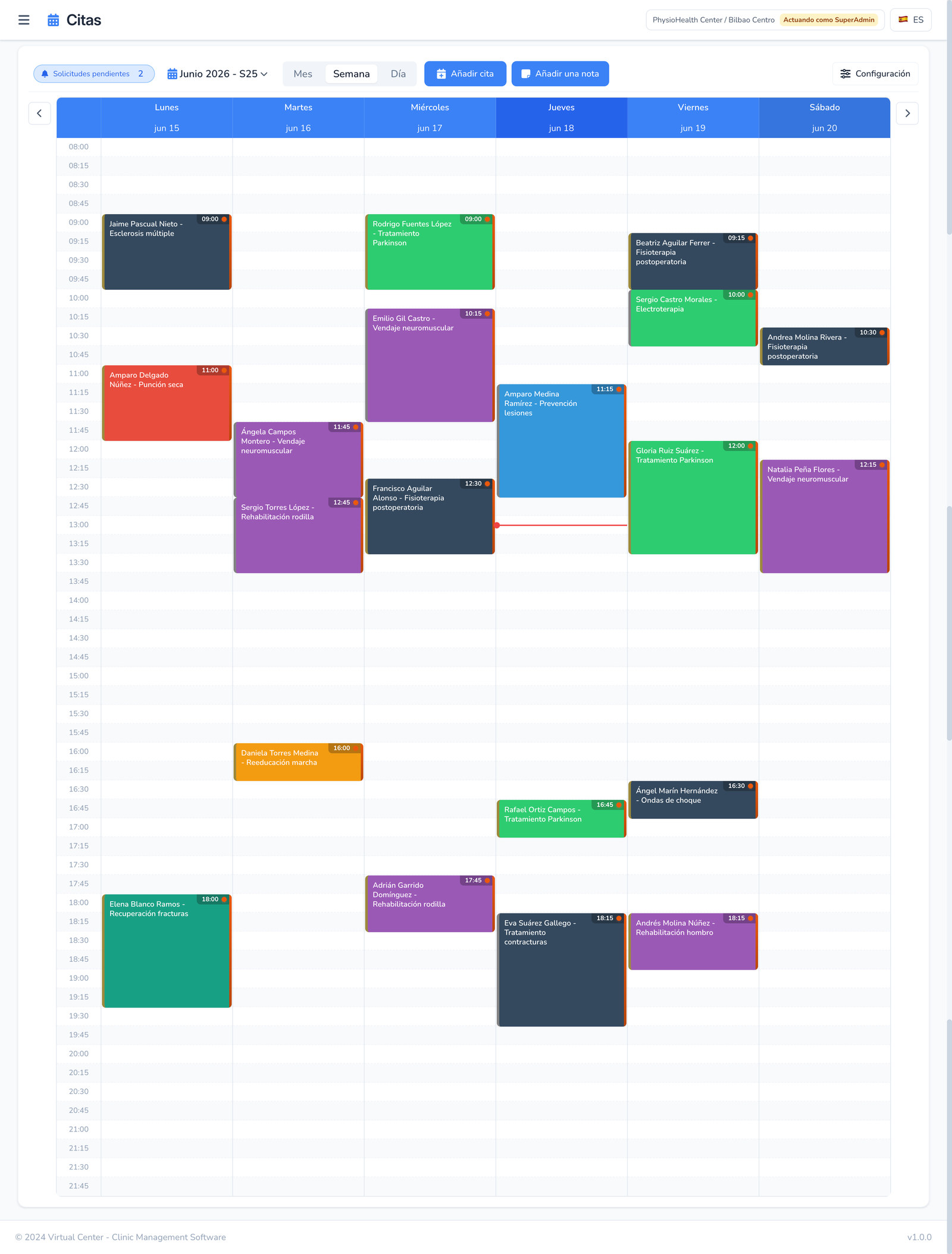 Captura del calendario de Virtual Center con agenda por profesional