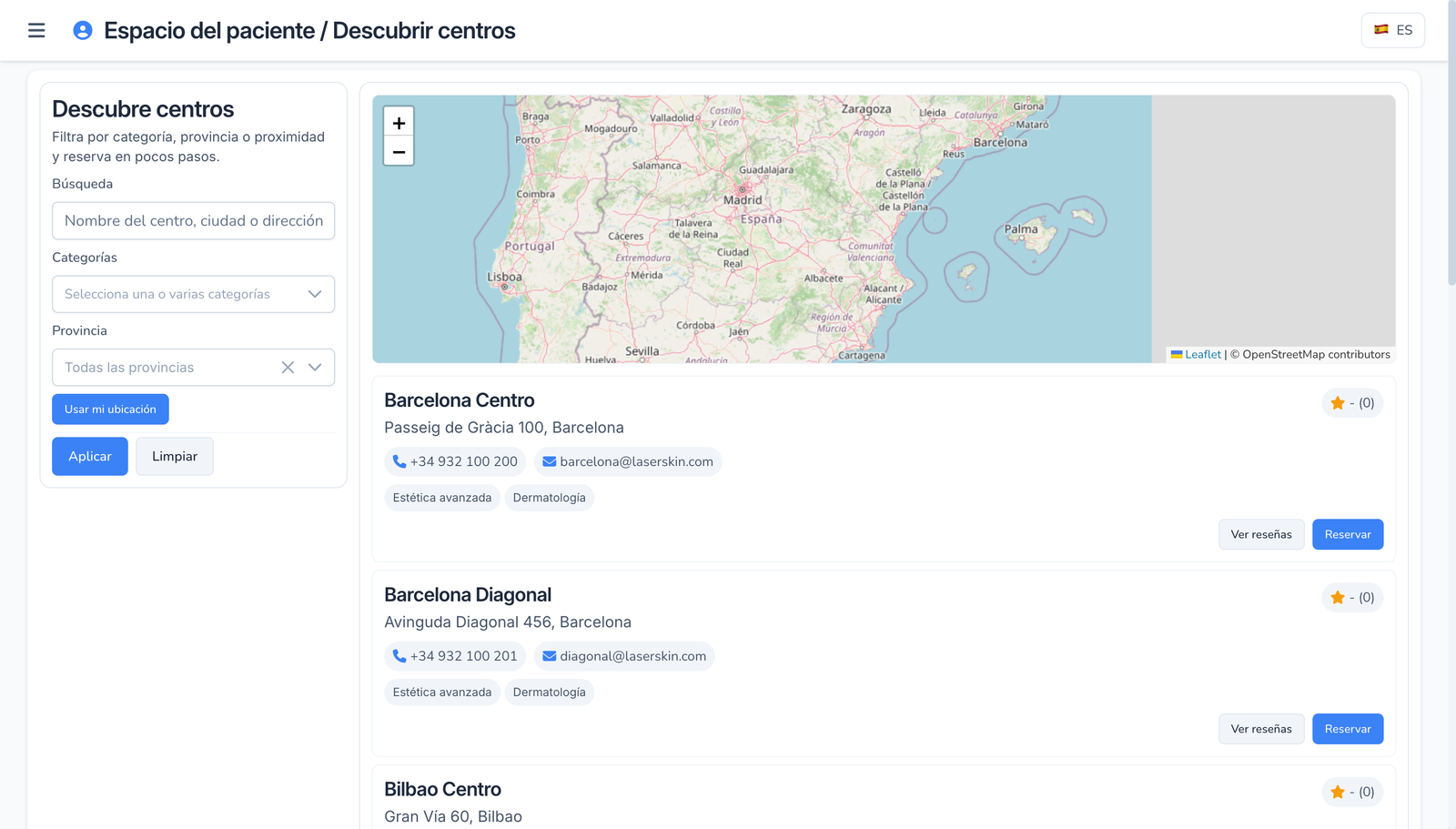Captura del módulo de reservas online y espacio paciente