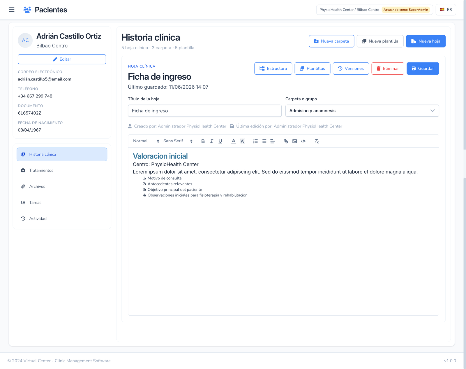 Captura de una ficha de paciente con historial y tratamientos