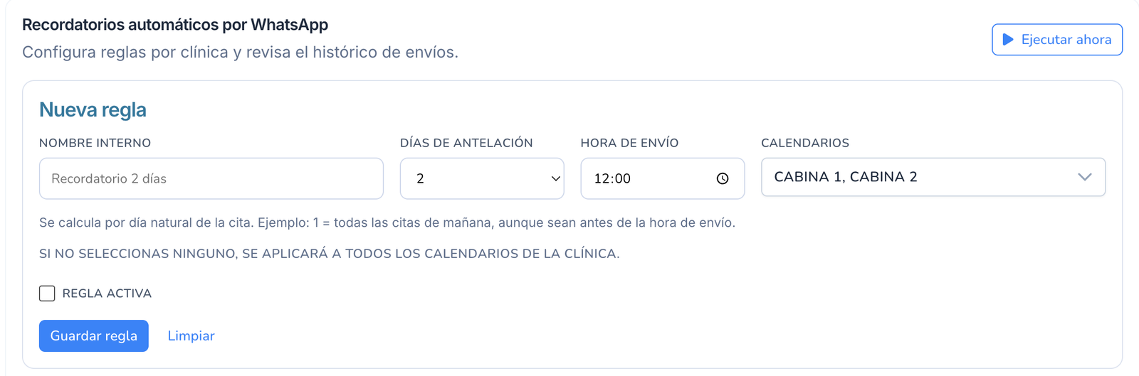 Captura del módulo de recordatorios y avisos operativos