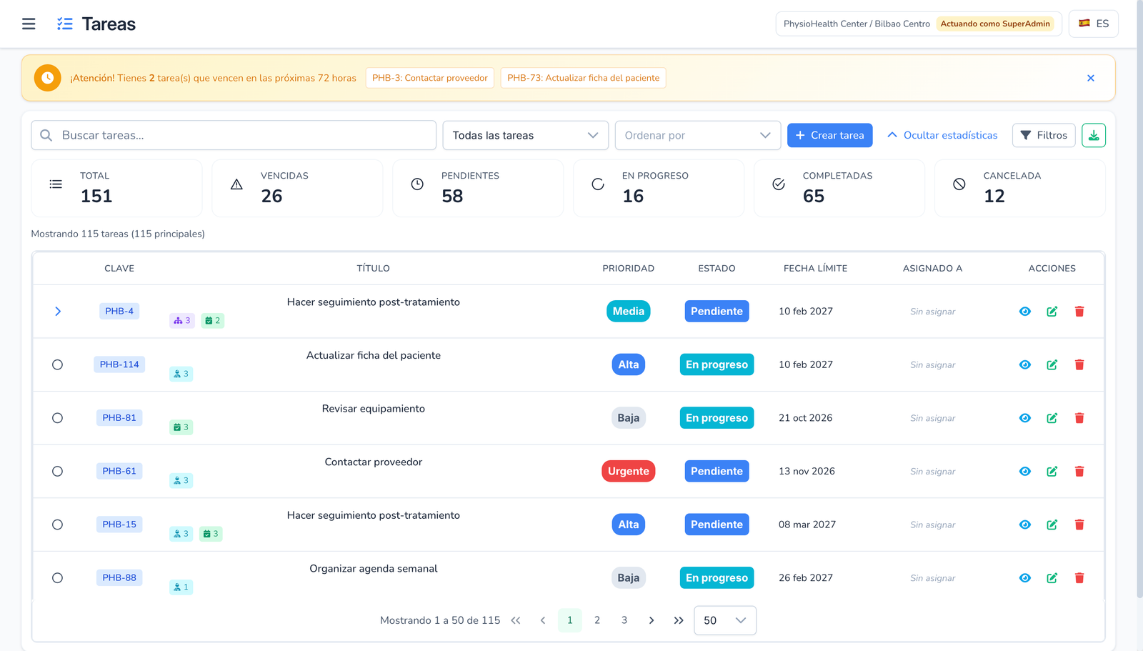 Captura del módulo de tareas con seguimiento de pendientes